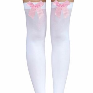 Elegant White Thigh-High Stockings with Pink Bow